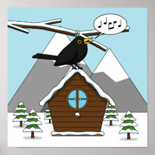 Affiche Happy Blackbird chanter dans le paysage hivernal