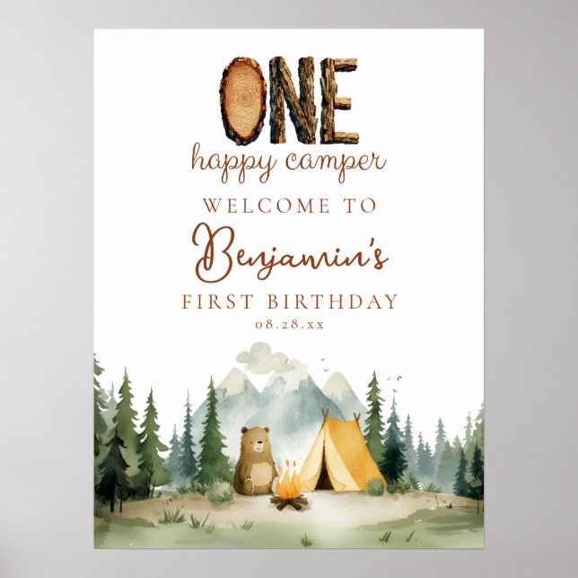 Affiche Happy Camper Bear 1st Birthday Welcome Sign (Devant)
