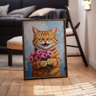 Affiche Happy Cat Donnant Un Bouquet Oster D'Art Mural