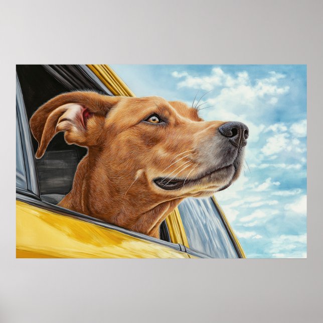 Affiche Happy Dog in Yellow Car Art Print (Devant)