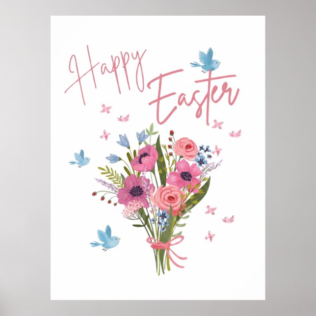 Affiche Happy Easter Spring Floral Bouquet & Blue Birds (Devant)