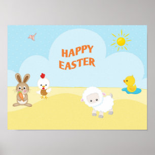 Affiche Happy Easter with Cute Farm Animals