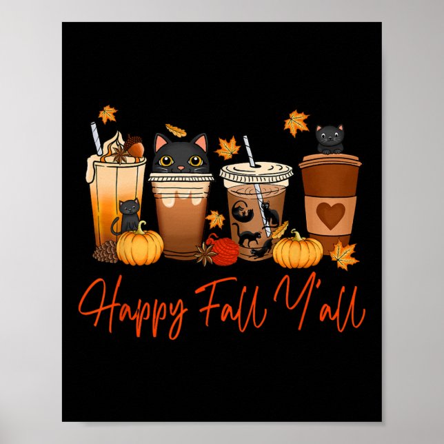 Affiche Happy Fall Y'all Automne Chat Noir Chat Automne Ci (Devant)