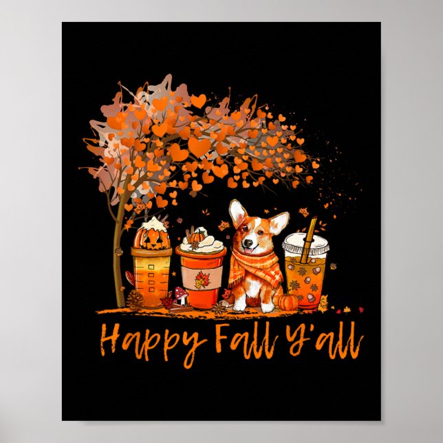 Affiche Happy Fall Y'all Automne Corgi Halloween Citrouill (Devant)