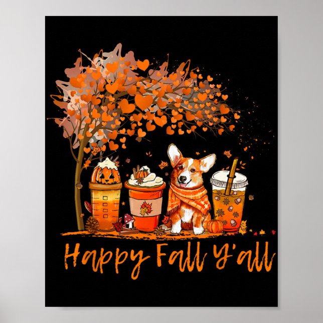 Affiche Happy Fall Y'all Autumn Corgi Halloween Pumpkin Sp (Devant)
