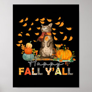 Affiche Happy Fall Y'All Citrouille Chat Automne Feuilles 