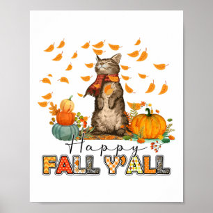 Affiche Happy Fall Y'all Citrouille Chat d'automne Feuille