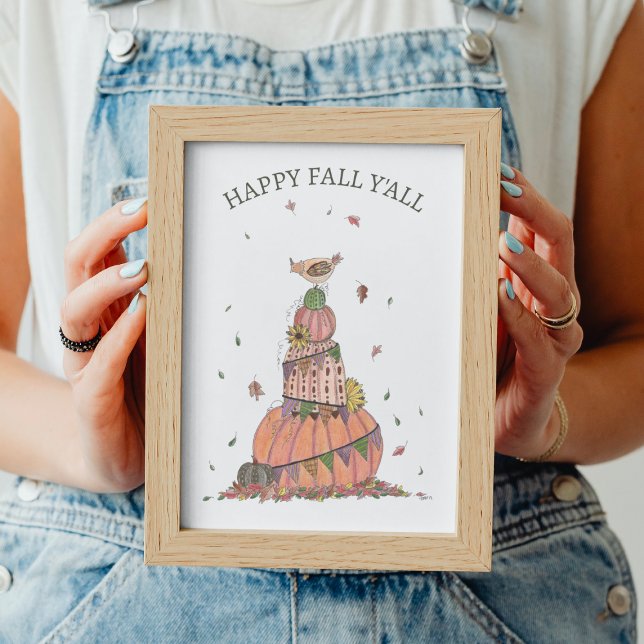 Affiche Happy Fall Y'all Citrouilles et poulet saisonnier (Cute Fall Pumpkin Stack Art Printable)