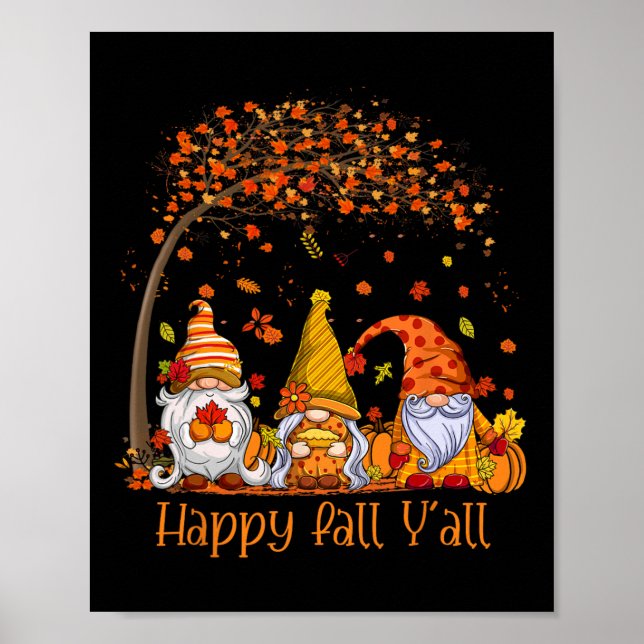 Affiche Happy Fall Y'all Gnome Citrouille Automne Feuilles (Devant)