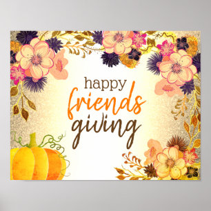 Affiche Happy Friendsgiving Citrouille et Fleurs Rose Or