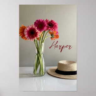 Affiche Happy Gerbera Fleur colorée +Nom personnalisé