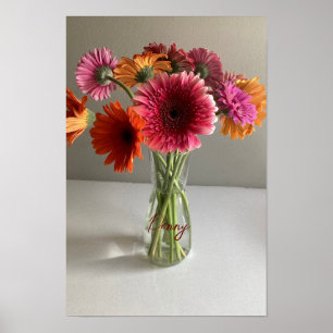 Affiche Happy Gerbera Fleur colorée +Nom personnalisé