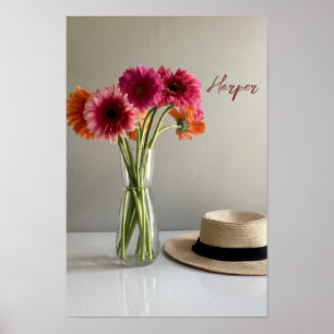 Affiche Happy Gerbera Fleur colorée +Nom personnalisé