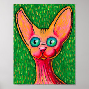 Affiche Happy Hairless Cat in Oil Pastel on Green