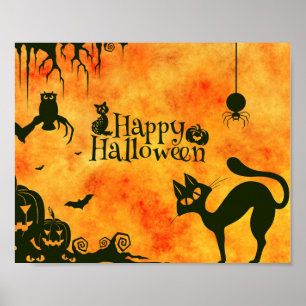 Affiche Happy Halloween chat noir, hibou, citrouille