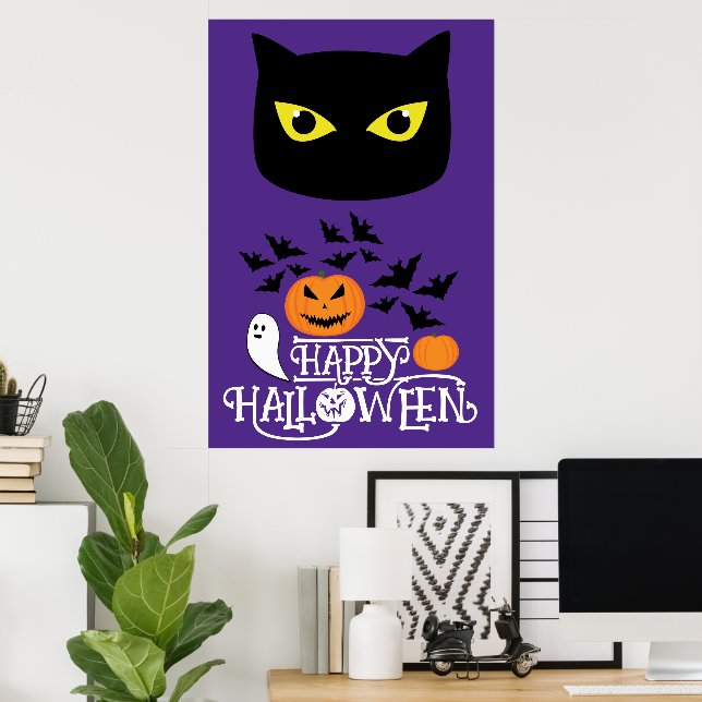 Affiche Happy Halloween chauves-chats noirs citrouilles su (Bureau à domicile)