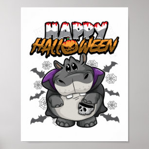 Affiche Happy Halloween déguisé Hippopotame