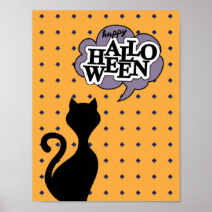 Affiche Happy halloween dessin animé de chat noir