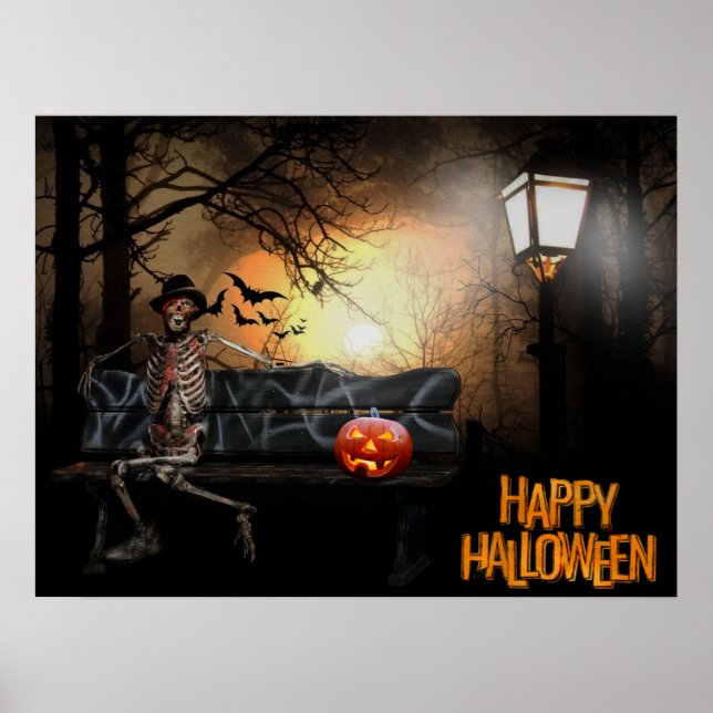 Affiche Happy Halloween Drôle squelette Éffrayant sur le b (Devant)