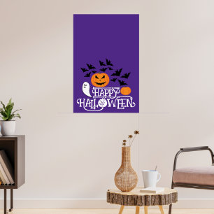 Affiche Happy Halloween fantômes citrouille chauves-souris