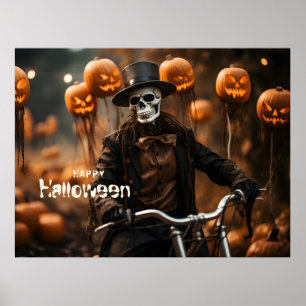 Affiche Happy Halloween mignonette squelette et citrouille