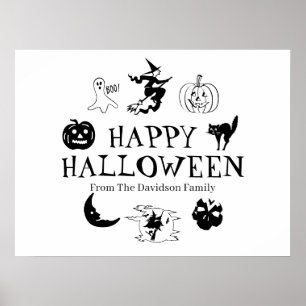 Affiche Happy Halloween nom personnalisé noir blanc