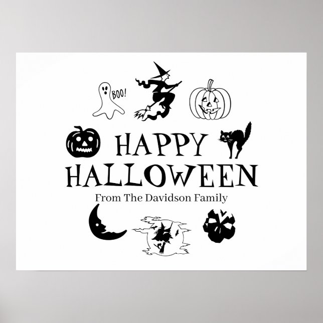 Affiche Happy Halloween nom personnalisé noir blanc (Devant)