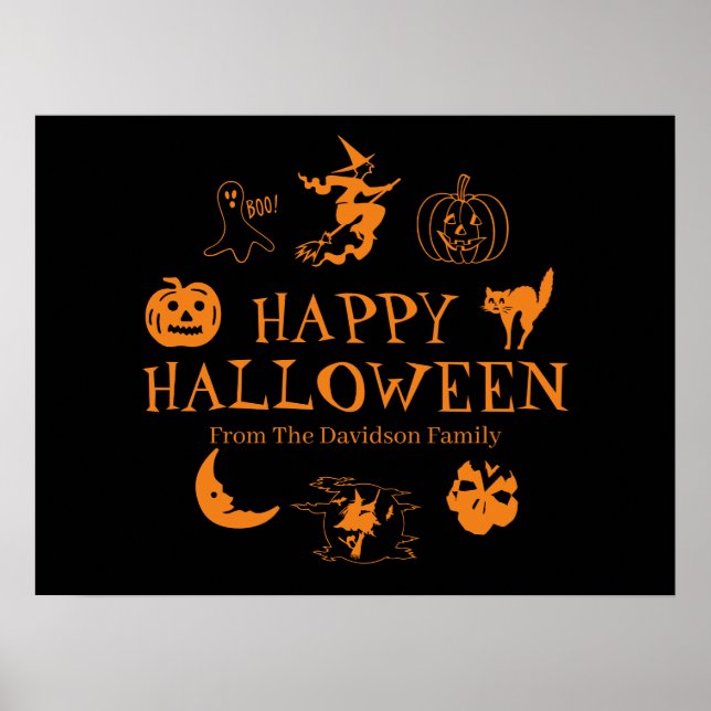 Affiche Happy Halloween nom personnalisé noir orange (Devant)