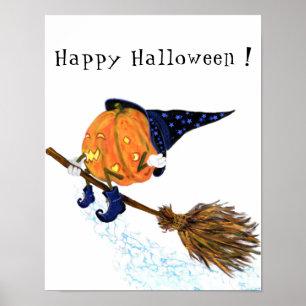 Affiche Happy Halloween sorcière Citrouille Volant Chambre