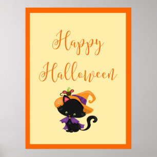 Affiche Happy Halloween Witch Kitten Orange Bordure
