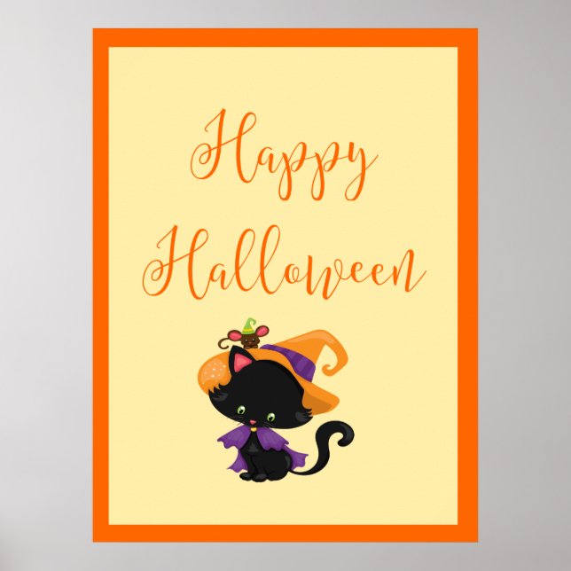 Affiche Happy Halloween Witch Kitten Orange Bordure (Devant)