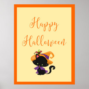 Affiche Happy Halloween Witch Kitten Orange Bordure
