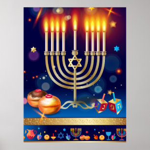Affiche Happy Hanoukka Gold Menorah Lights Art
