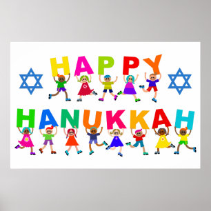 Affiche Happy Hanoukka mignon dessin Diverse Kids Texte