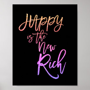 Affiche Happy Is The New Rich Citation rose/pêche faux gli