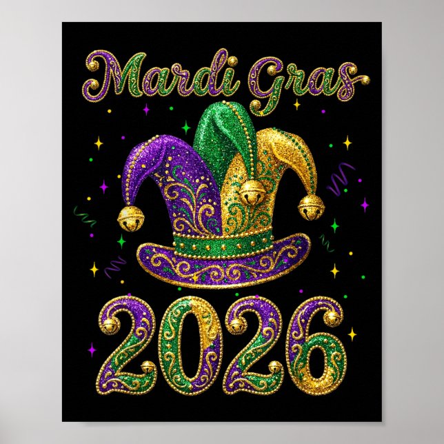 Affiche Happy Mardi Gras 2026 Jester Hat New Orleans Men W (Devant)