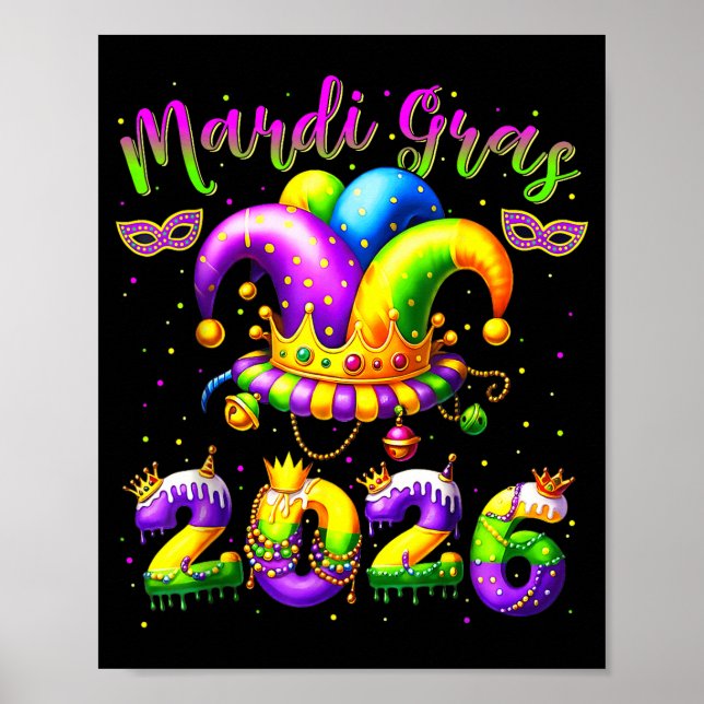 Affiche Happy Mardi Gras 2026 Jester Hat New Orleans Men W (Devant)