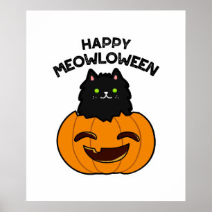 Affiche Happy Meowloween Funny Halloween jeu de chat noir
