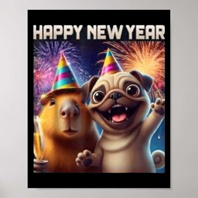 Affiche Happy New Year 2026 Capybara Pug Party Art  (Devant)