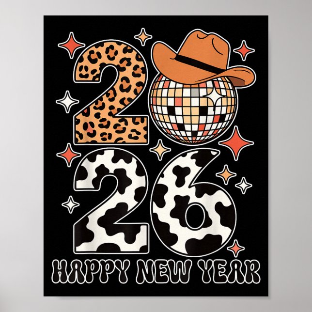 Affiche Happy New Year 2026 Cowgirl Disco Ball Western Leo (Devant)