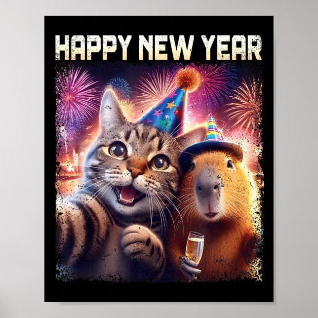 Affiche Happy New Year 2026 Cute Cat Capybara Party Art  (Devant)
