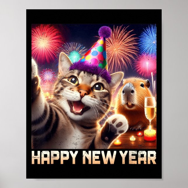 Affiche Happy New Year 2026 Cute Cat Capybara Party Art  (Devant)