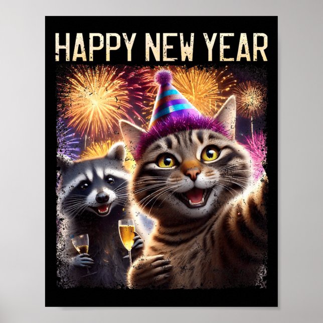 Affiche Happy New Year 2026 Cute Cat Raccoon Celebration  (Devant)