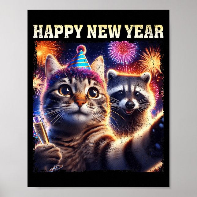 Affiche Happy New Year 2026 Cute Cat Raccoon Celebration  (Devant)