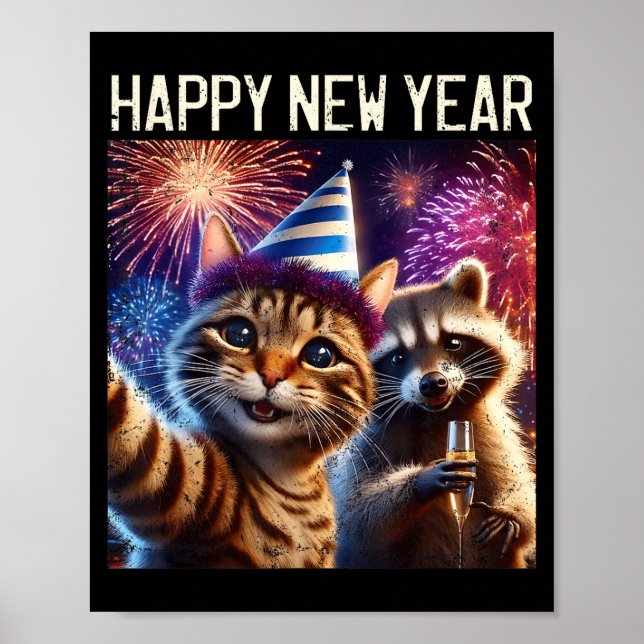 Affiche Happy New Year 2026 Cute Cat Raccoon Celebration  (Devant)