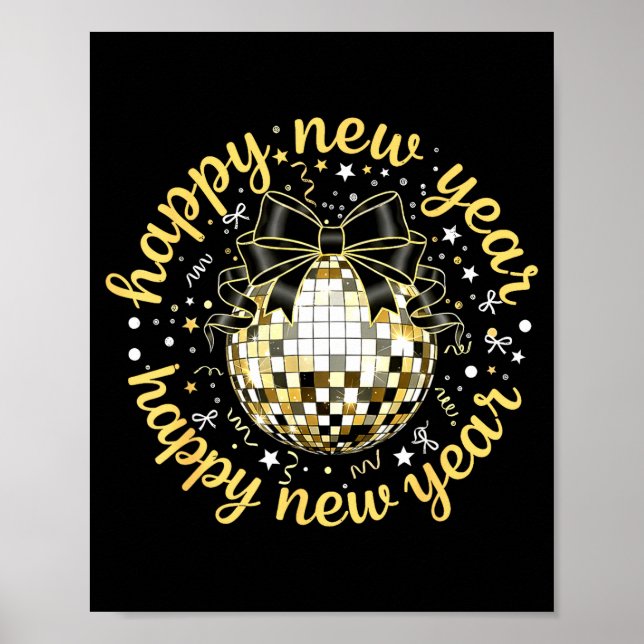 Affiche Happy New Year 2026 Disco Ball Gold Bow Coquette C (Devant)