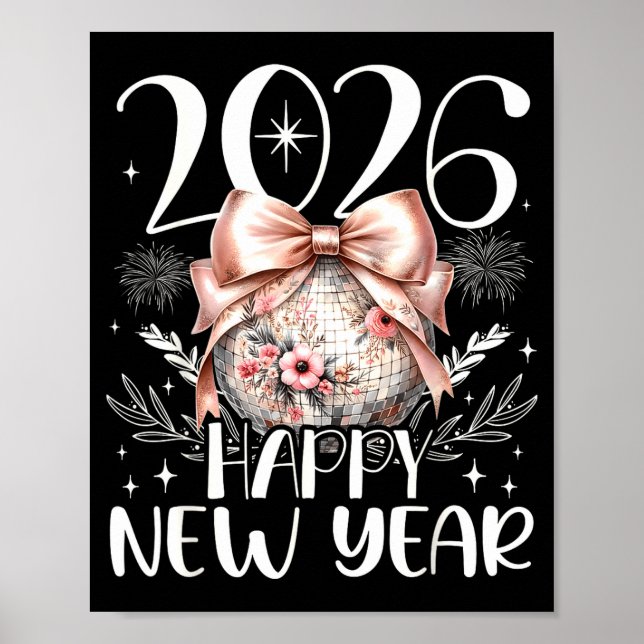 Affiche Happy New Year 2026 Disco Cute Bow Flower New Year (Devant)