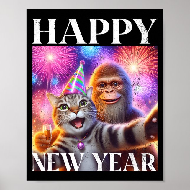 Affiche Happy New Year 2026 Funny Cat Bigfoot Party Art  (Devant)