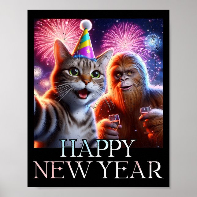 Affiche Happy New Year 2026 Funny Cat Bigfoot Party Art  (Devant)