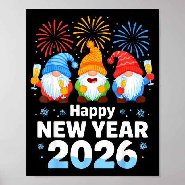 Affiche Happy New Year 2026 Gnome With Fireworks And Champ (Devant)